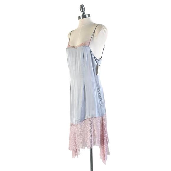 Anthropologie Asymmetrical Hem Lace Trim Silky Cami Midi Dress Silver Argent - Picture 7 of 14